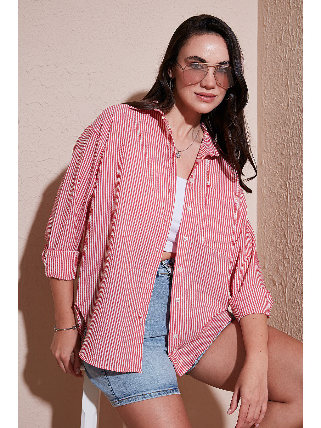 Kırmızı Regular Fit Uzun Kollu Cepli Çizgili Kadın Gömlek 6772895-1