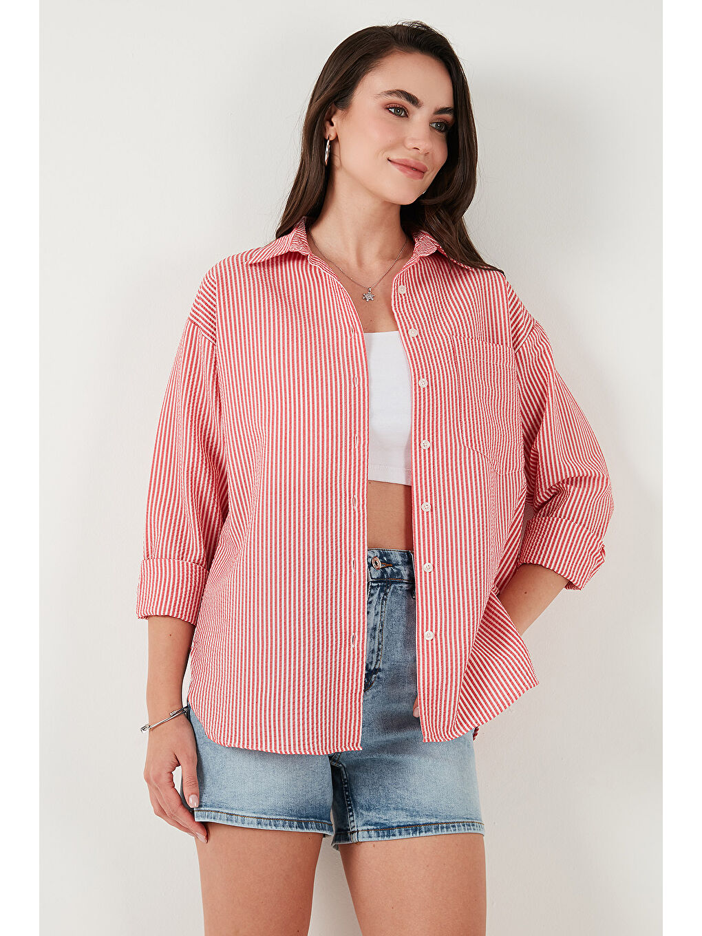 Kırmızı Regular Fit Uzun Kollu Cepli Çizgili Kadın Gömlek 6772895-2