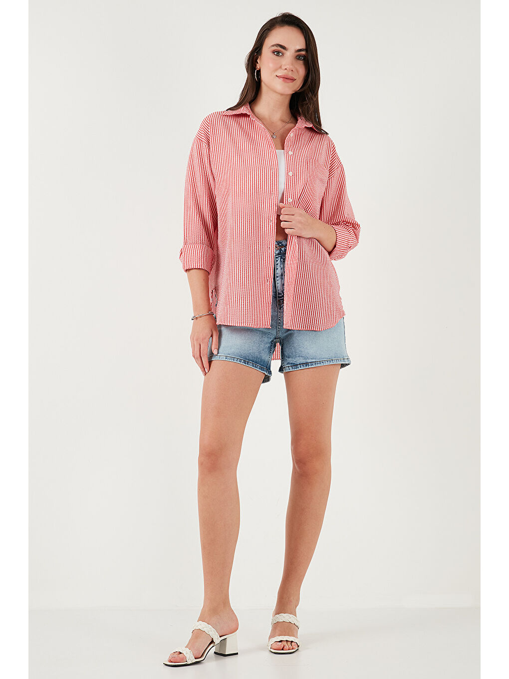 Kırmızı Regular Fit Uzun Kollu Cepli Çizgili Kadın Gömlek 6772895-3
