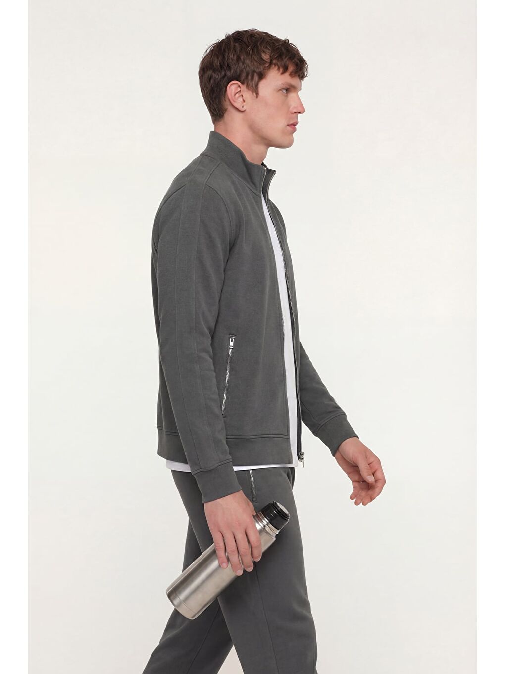 Gri Giotelli Füme Regular Fit Yarım Balıkçı Yaka Fermuarlı Tracksuit-2