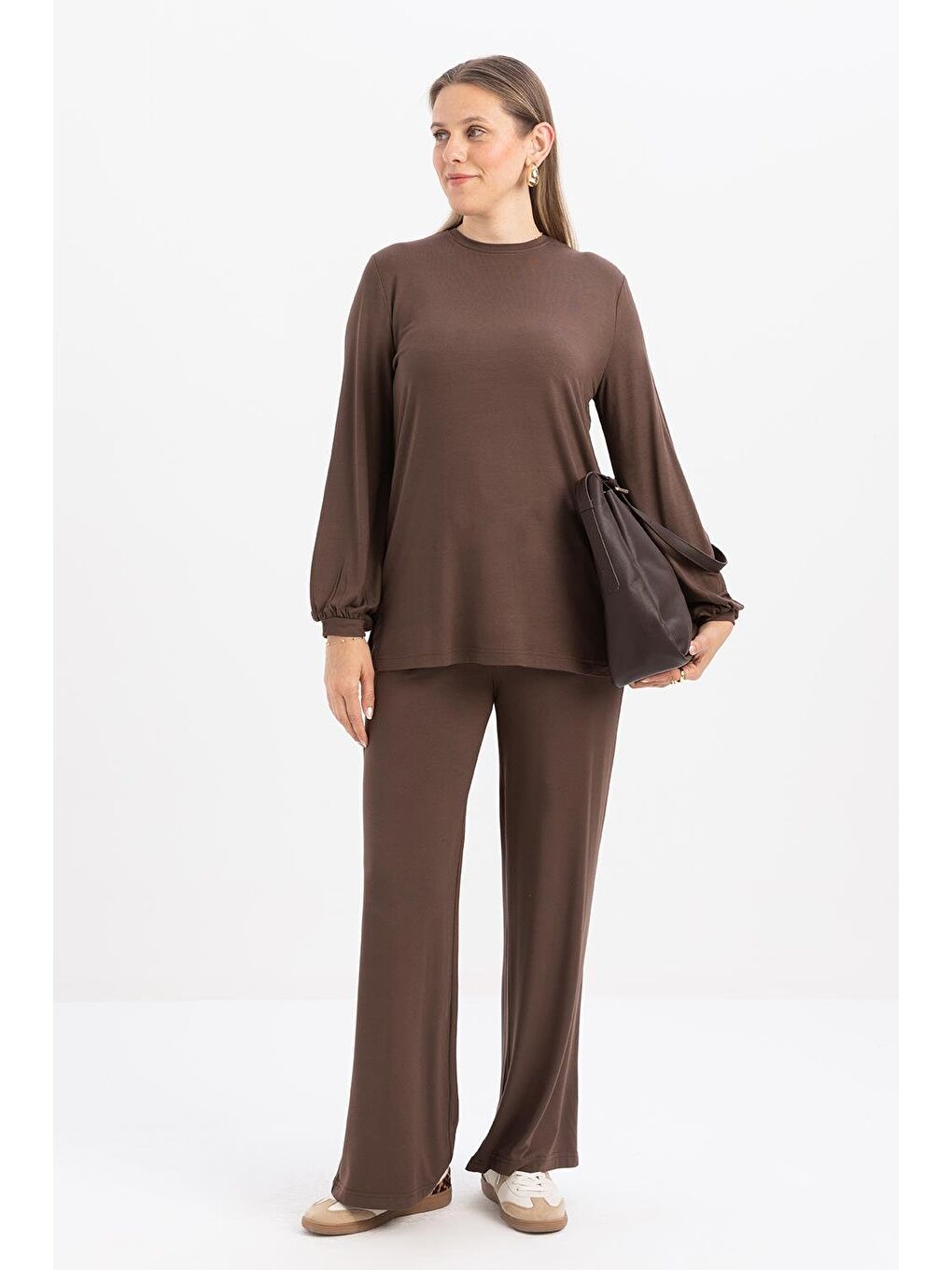 Kahverengi Kahve-Bisiklet Yaka Kol Ucu Büzgülü Elastanlı Pamuklu Bluz