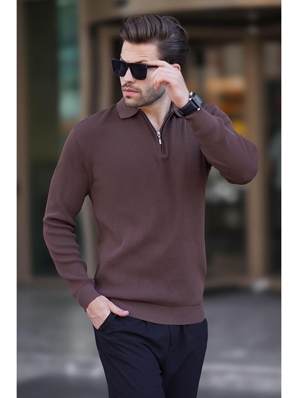 Kahverengi Polo Yaka Fermuarlı Uzun Kollu Erkek Kazak 7240-3