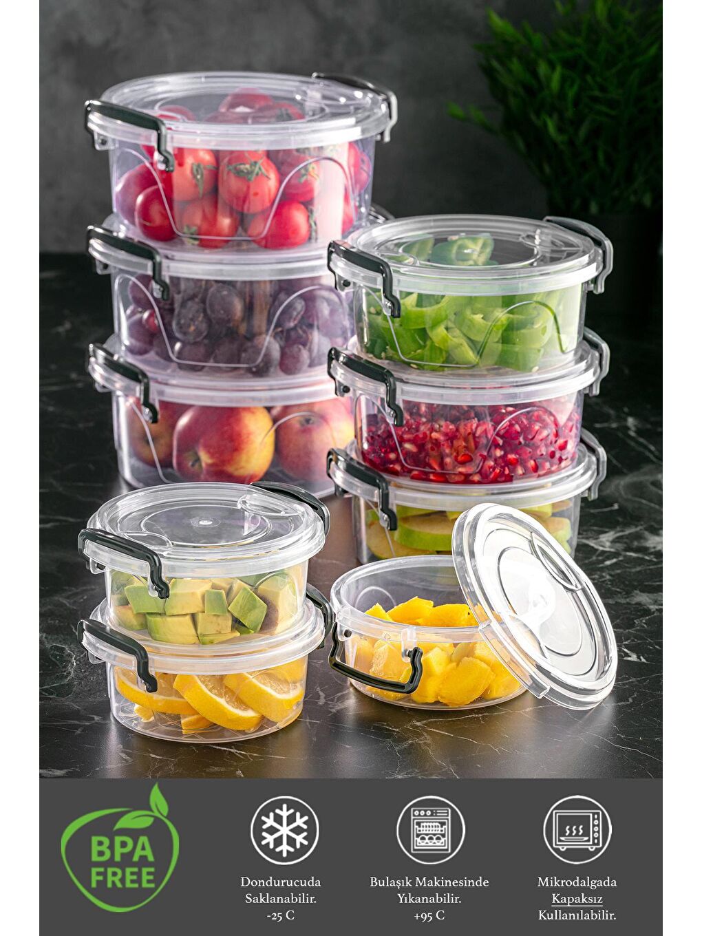 Renksiz 9'lu Şeffaf Kilitlenebilir Kapaklı Saklama Kabı - Lenora Mutfak Dolap Düzenleyici 3x(300-600-1200ml)-1