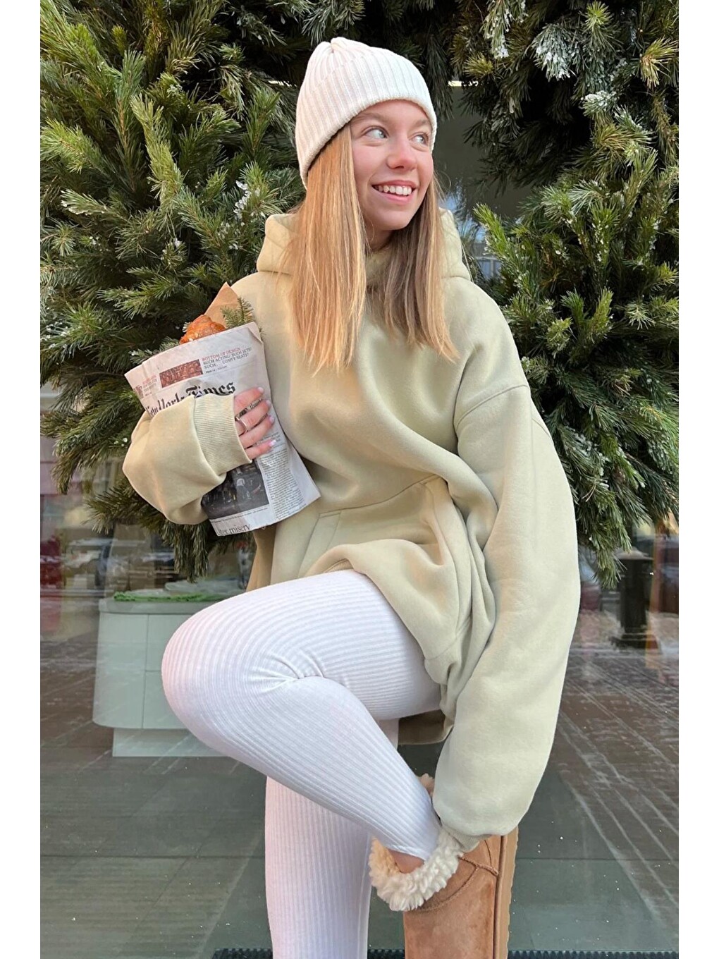 Bej Kapüşonlu Şardonlu Oversize Sweatshirt Mg1566-1