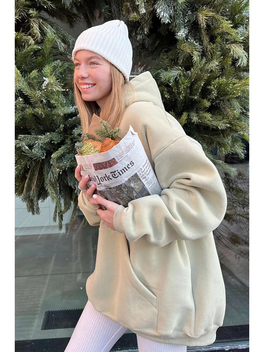 Bej Kapüşonlu Şardonlu Oversize Sweatshirt Mg1566-2