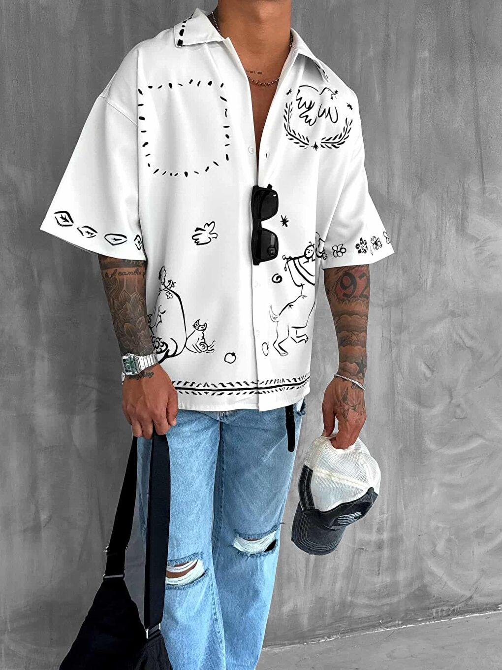 Erkek Desenli Süper Oversize %100 Pamuk Gömlek Ekru