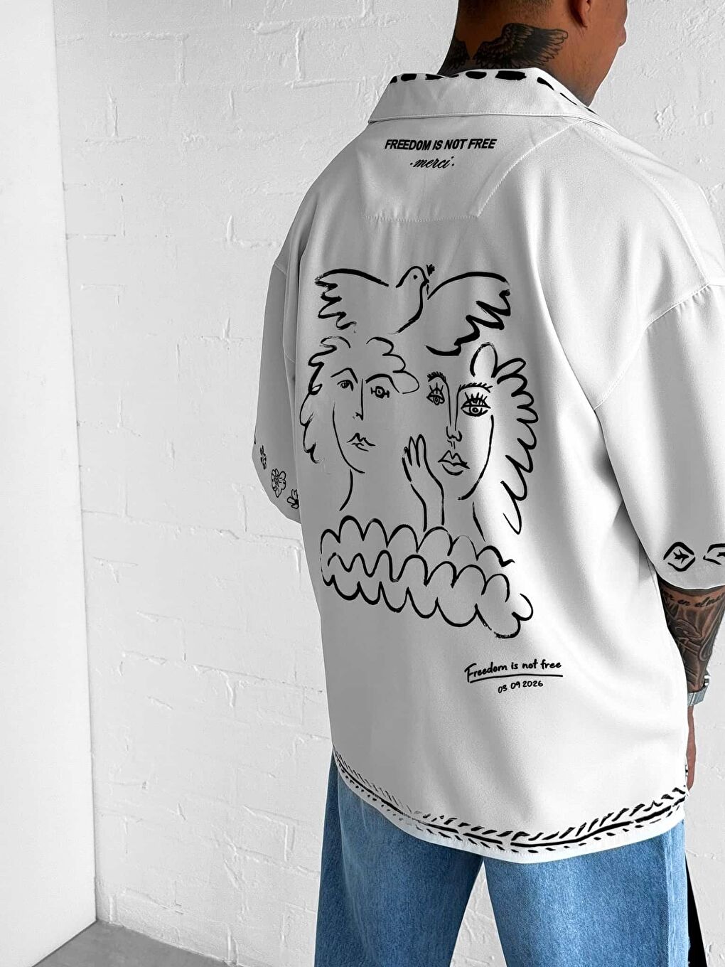 Erkek Desenli Süper Oversize %100 Pamuk Gömlek Ekru-1