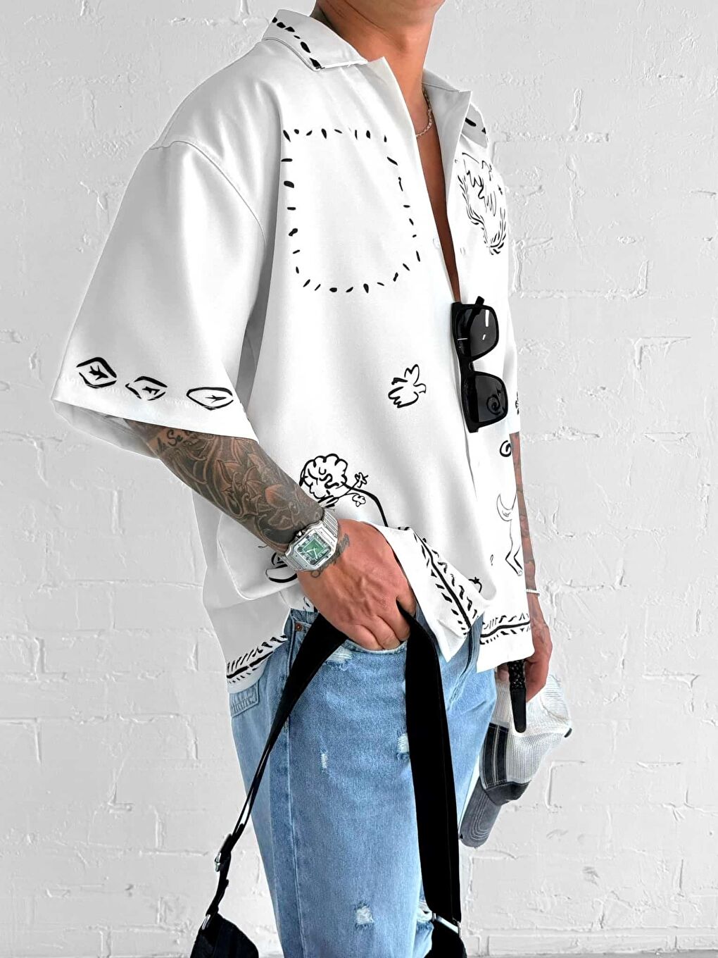 Erkek Desenli Süper Oversize %100 Pamuk Gömlek Ekru-2