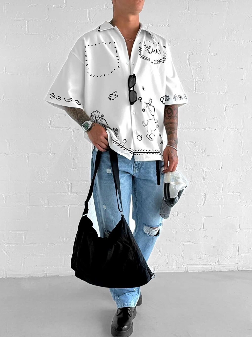 Erkek Desenli Süper Oversize %100 Pamuk Gömlek Ekru-3