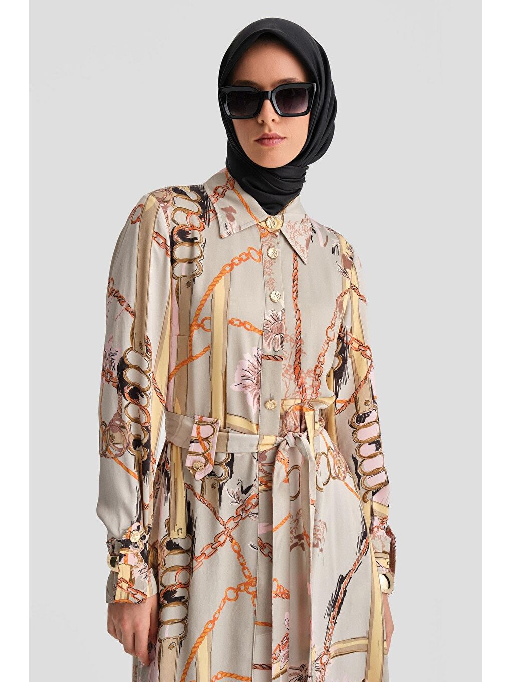 Bej Zincir Desenli Elbise 24K9901 Vizon-2