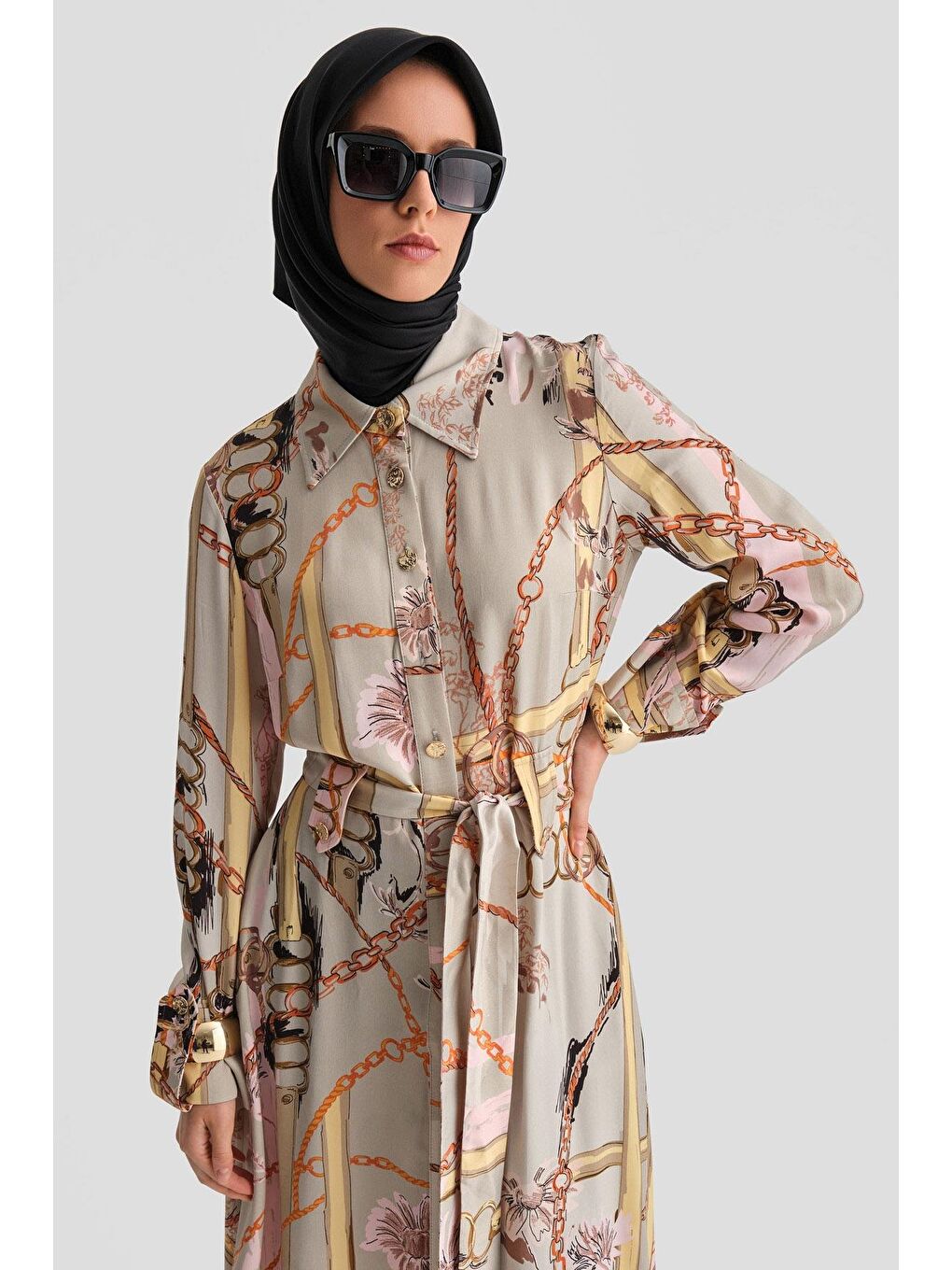 Bej Zincir Desenli Elbise 24K9901 Vizon-3