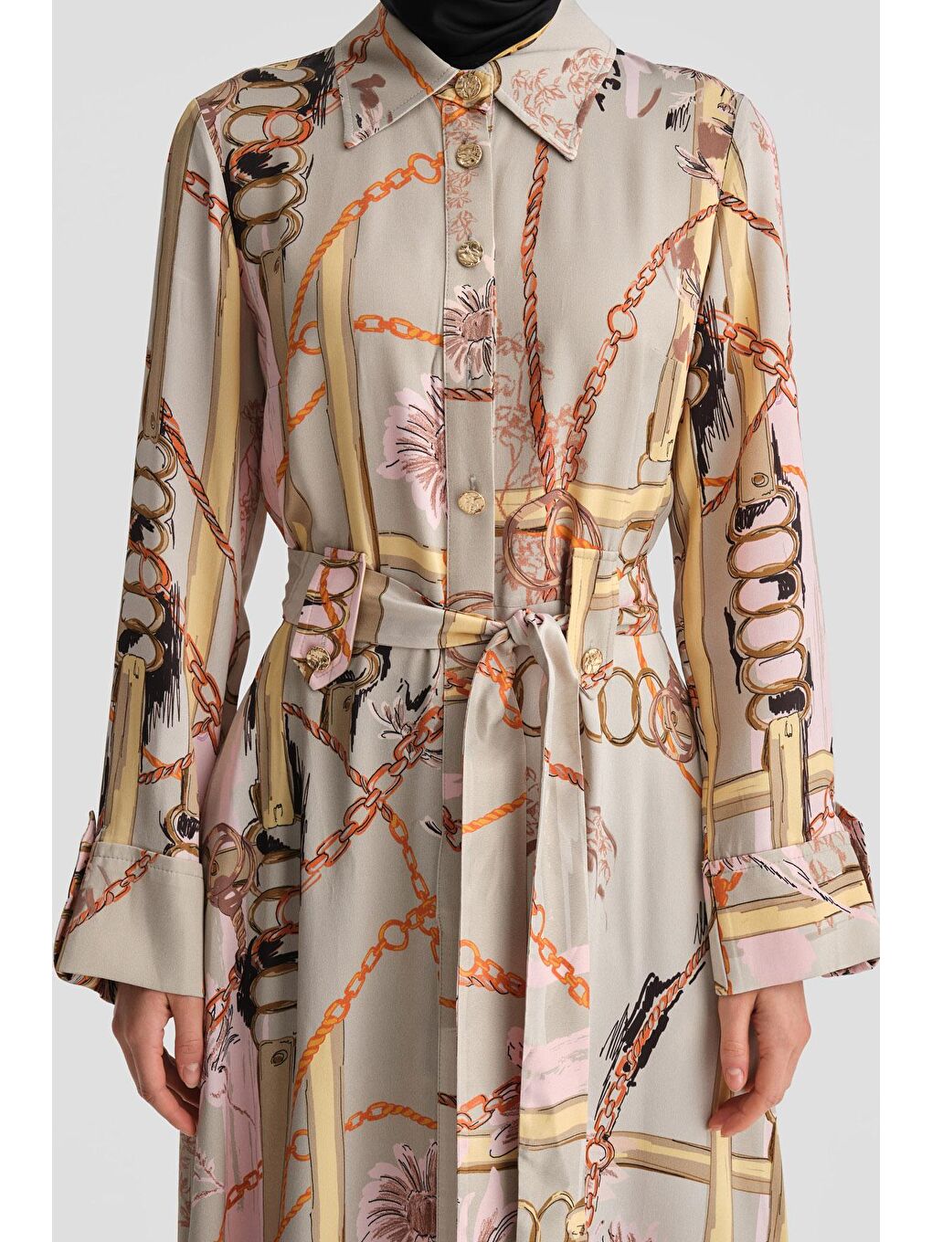 Bej Zincir Desenli Elbise 24K9901 Vizon-4