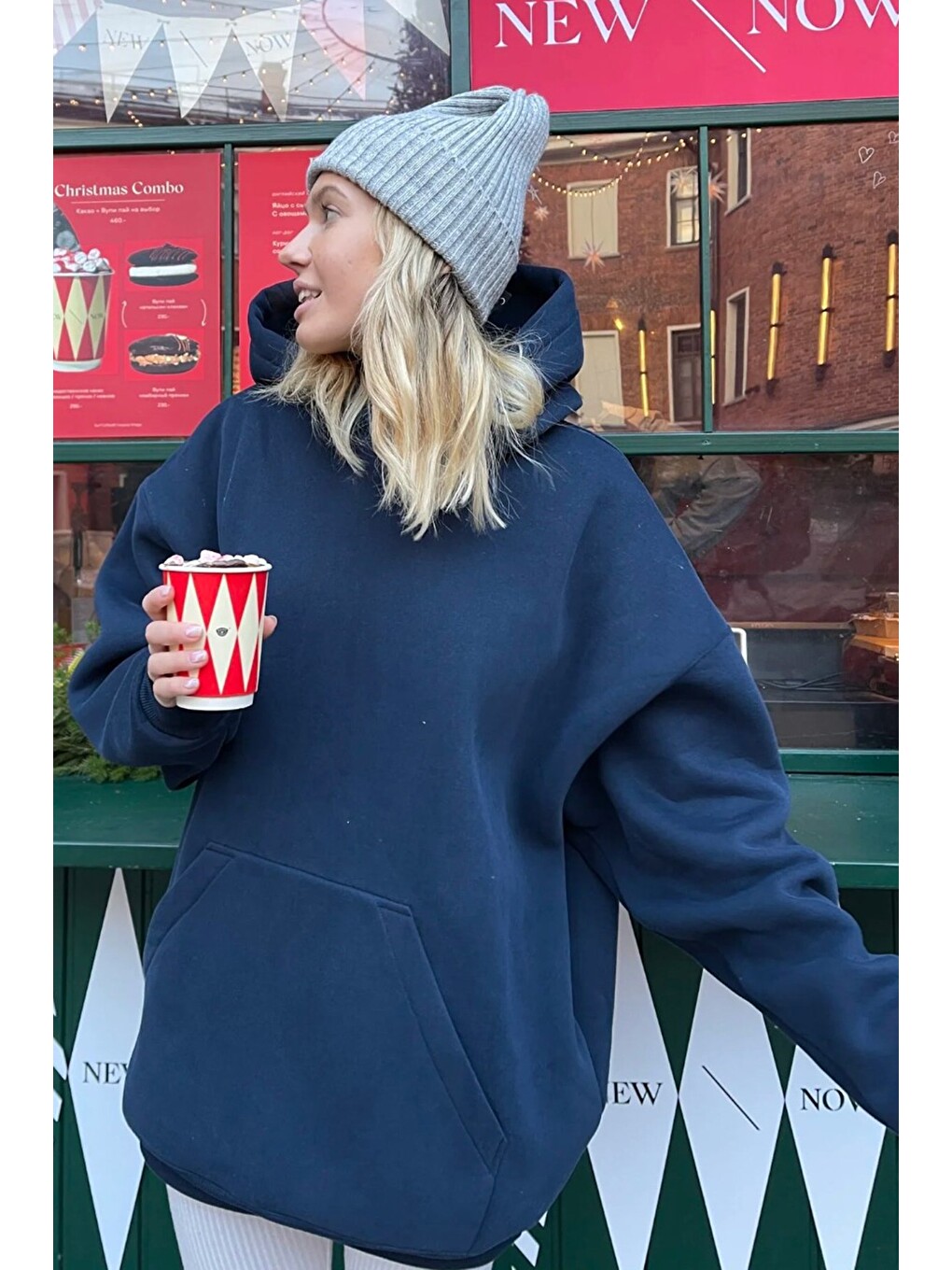 Lacivert Kapüşonlu Şardonlu Oversize Sweatshirt Mg1566-1