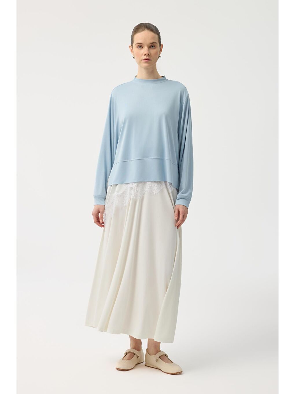 Modal Cupra Yırtmaçlı Kısa Sweatshirt Açık  Mavi-2