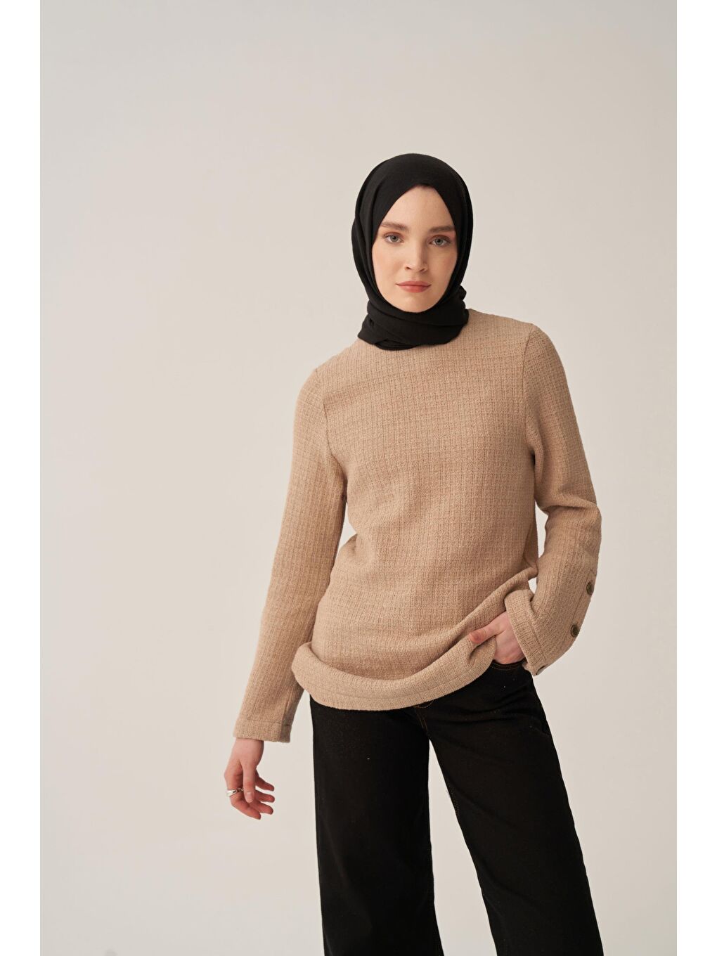 Bej-Triko Efektli Bluz-3