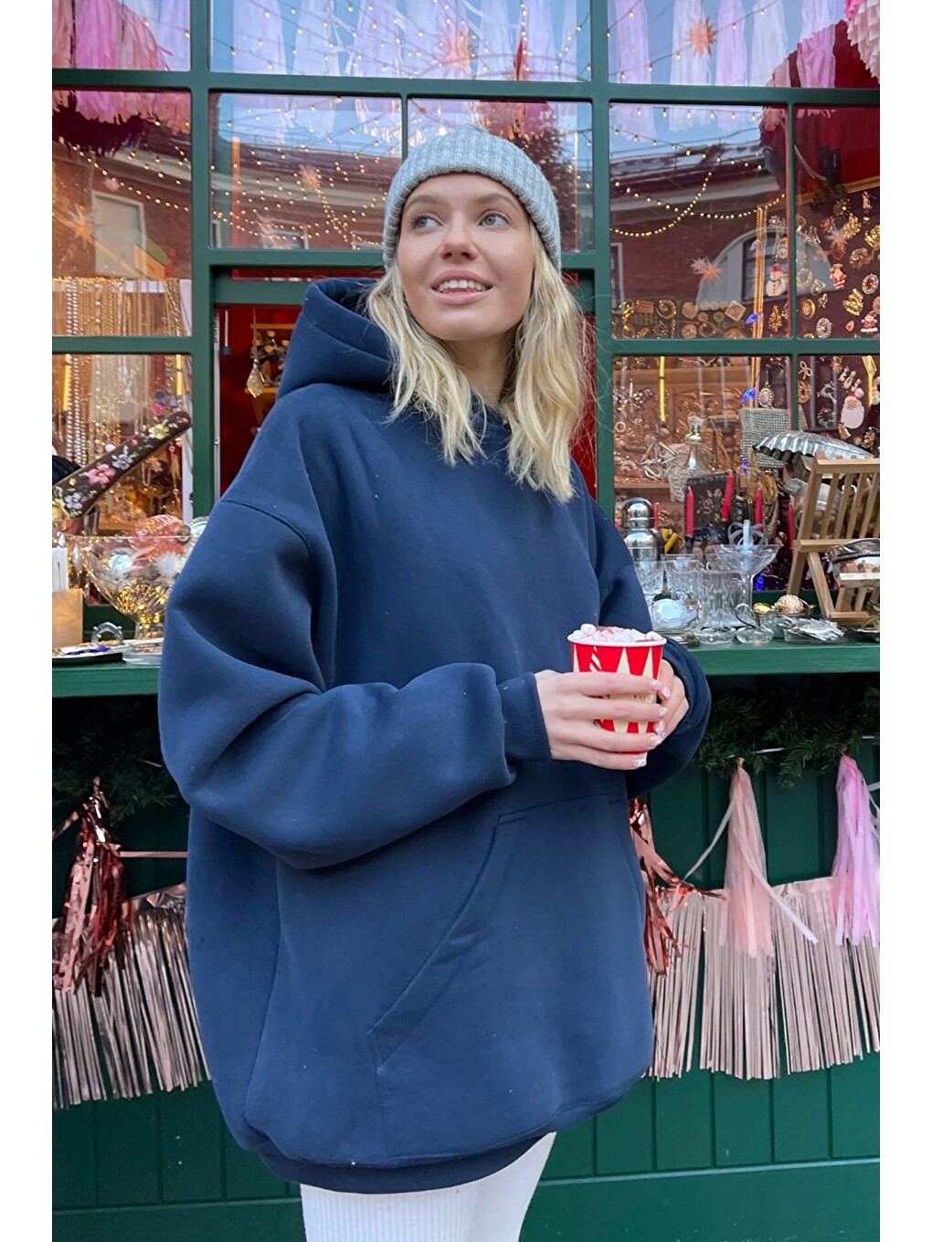 Lacivert Kapüşonlu Şardonlu Oversize Sweatshirt Mg1566-3