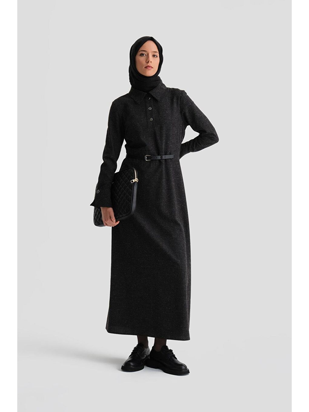 Gri Beli Aksesuarlı Elbise 24K9906 Antrasit