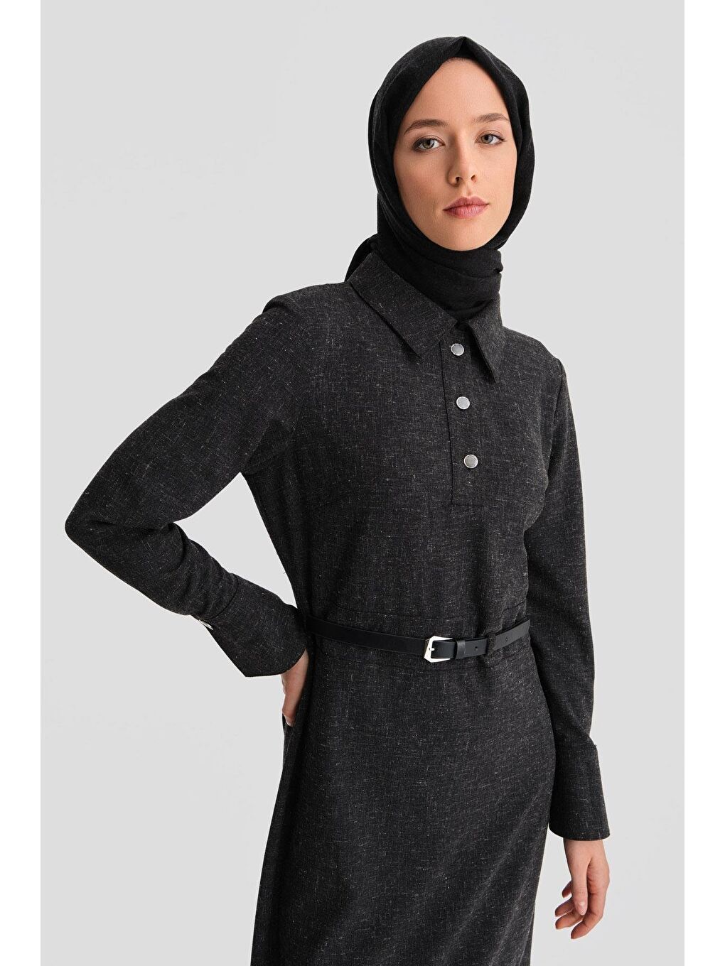 Gri Beli Aksesuarlı Elbise 24K9906 Antrasit-2