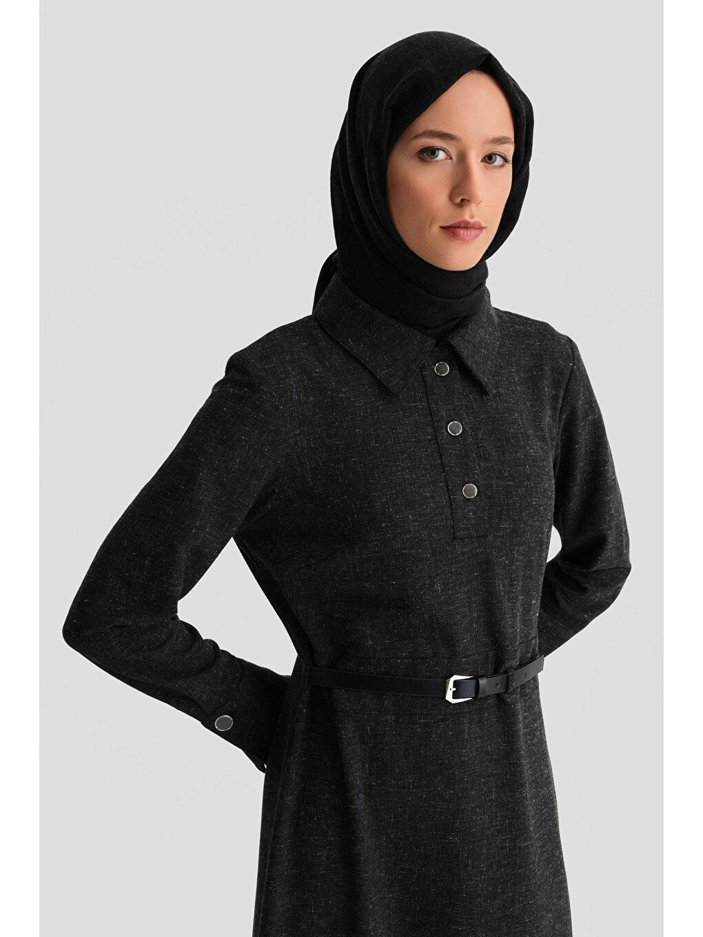 Gri Beli Aksesuarlı Elbise 24K9906 Antrasit-3