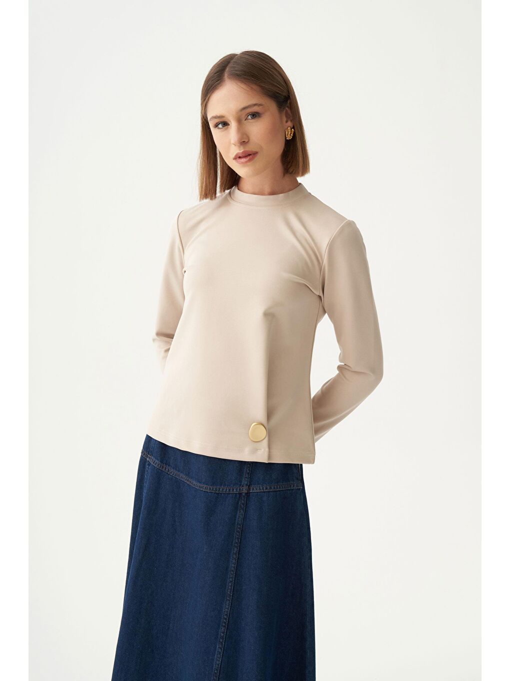 Bej Taş-Gold Düğmeli Pileli Bluz-3