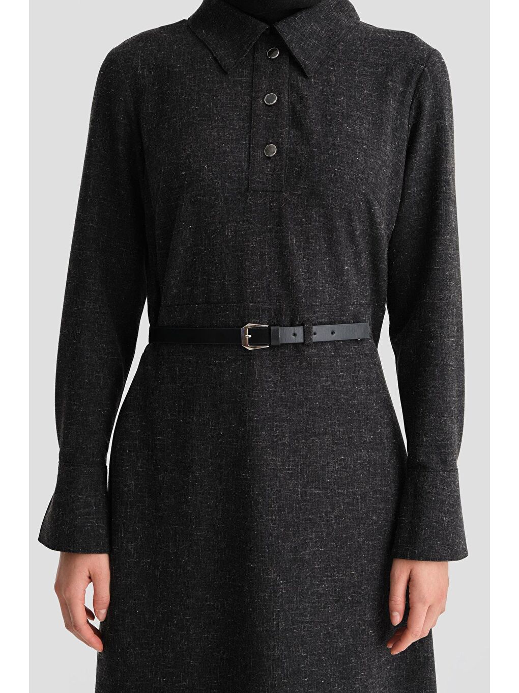 Gri Beli Aksesuarlı Elbise 24K9906 Antrasit-4