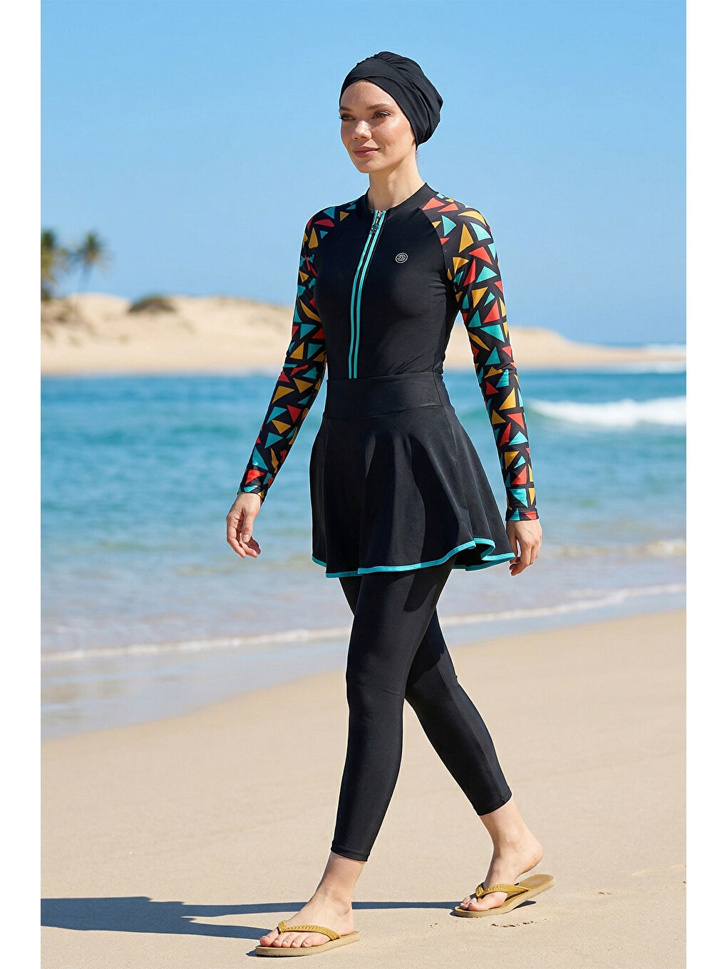 3 Farklı Şekilde Giyilebilir Elastanlı Etekli Tesettür Mayo 6440 Siyah-1