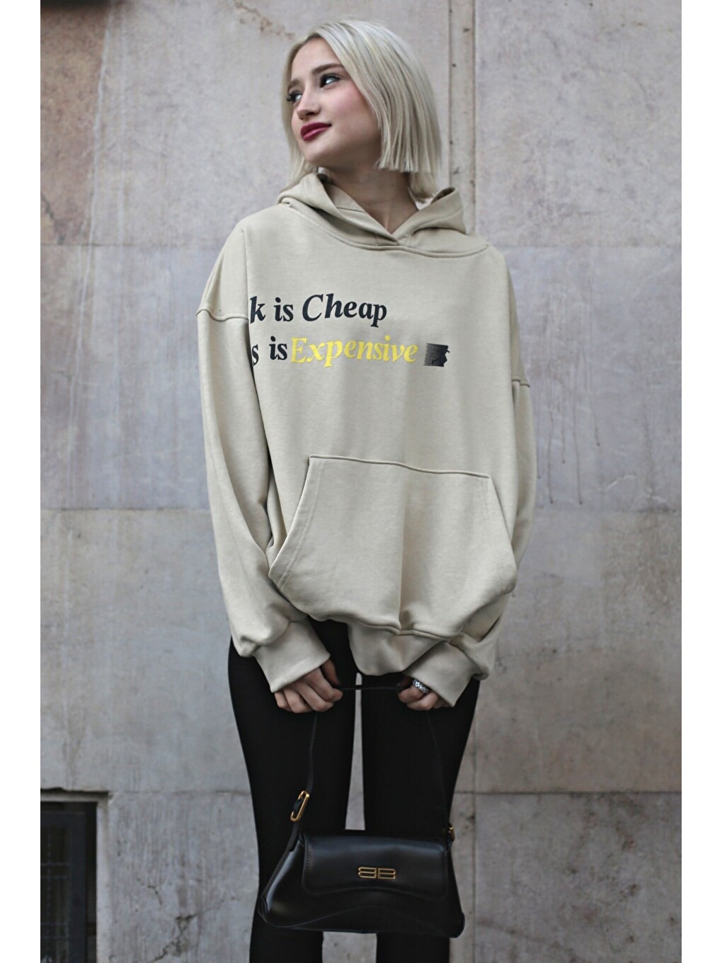 Bej Baskılı Oversize Kapüşonlu Sweatshirt Mg1573