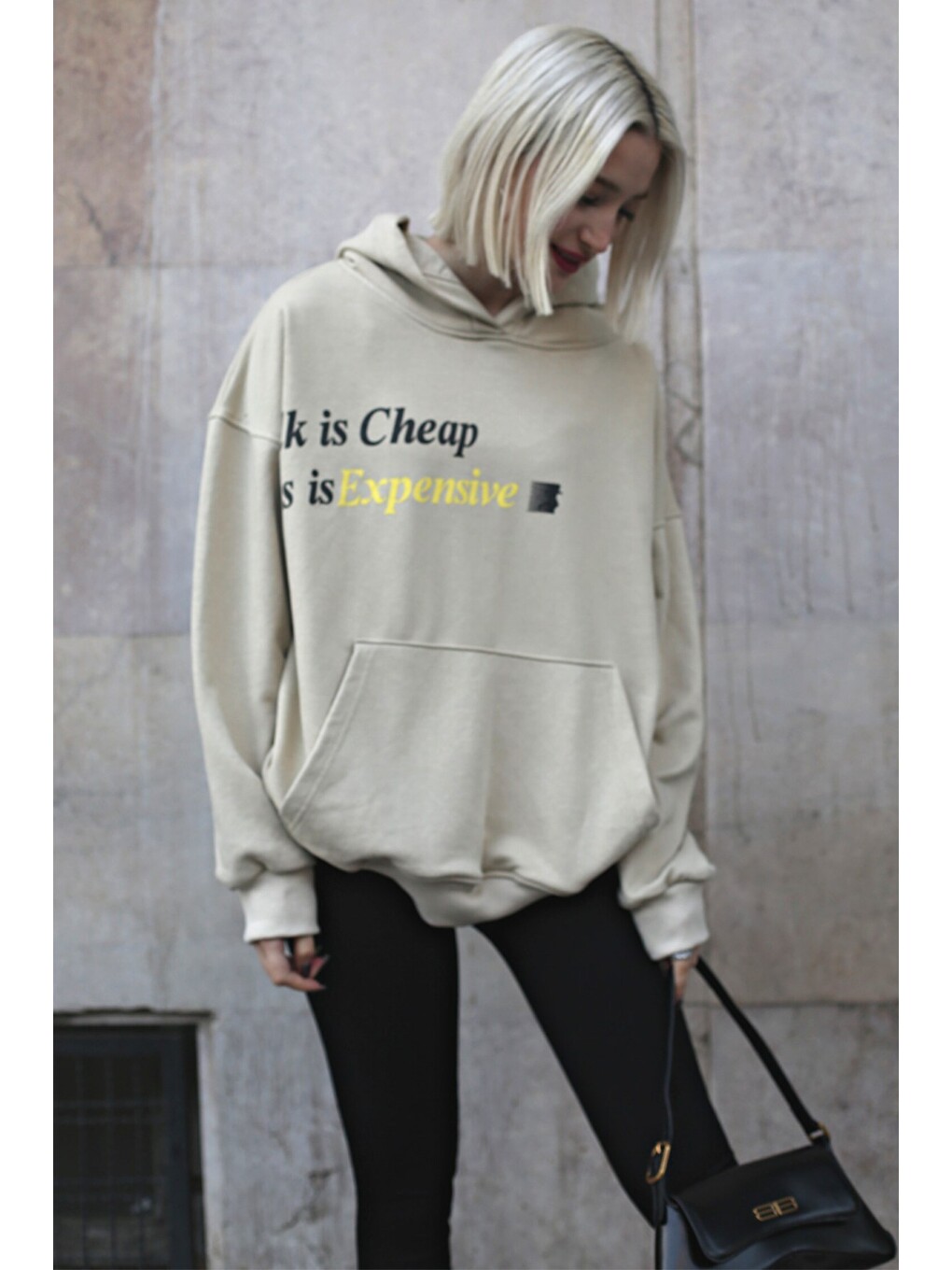 Bej Baskılı Oversize Kapüşonlu Sweatshirt Mg1573-1