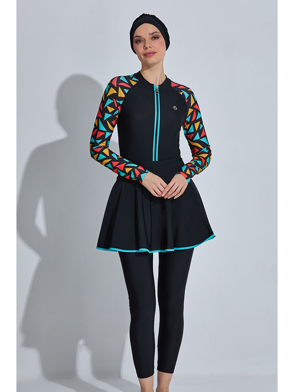 3 Farklı Şekilde Giyilebilir Elastanlı Etekli Tesettür Mayo 6440 Siyah-3