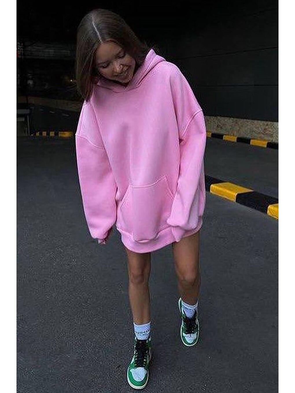 Pembe Kapüşonlu Şardonlu Oversize Sweatshirt Mg1566-1