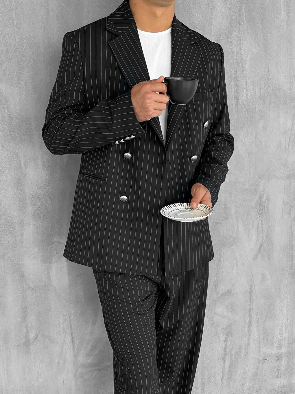 Erkek Çizgili Oversize Kruvaze Takım Elbise Siyah-2