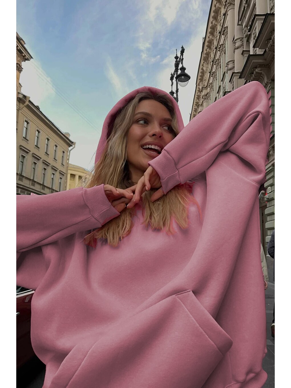 Pembe Kapüşonlu Şardonlu Oversize Sweatshirt Mg1566-3