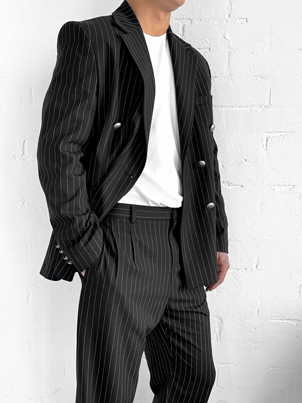 Erkek Çizgili Oversize Kruvaze Takım Elbise Siyah-4