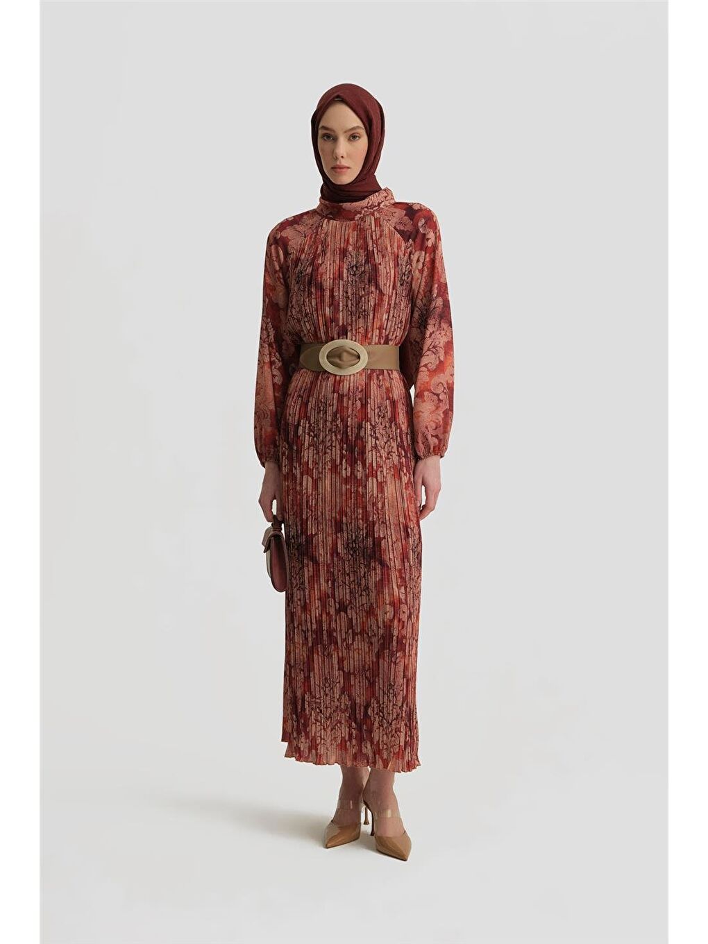 Piliseli Emprime Elbise 25Y9030 Koyu Kırmızı-1