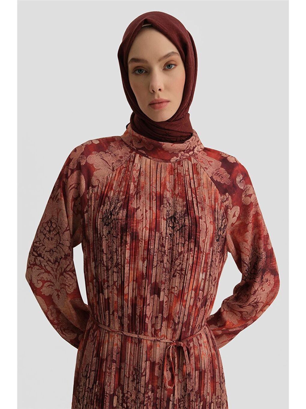 Piliseli Emprime Elbise 25Y9030 Koyu Kırmızı-3