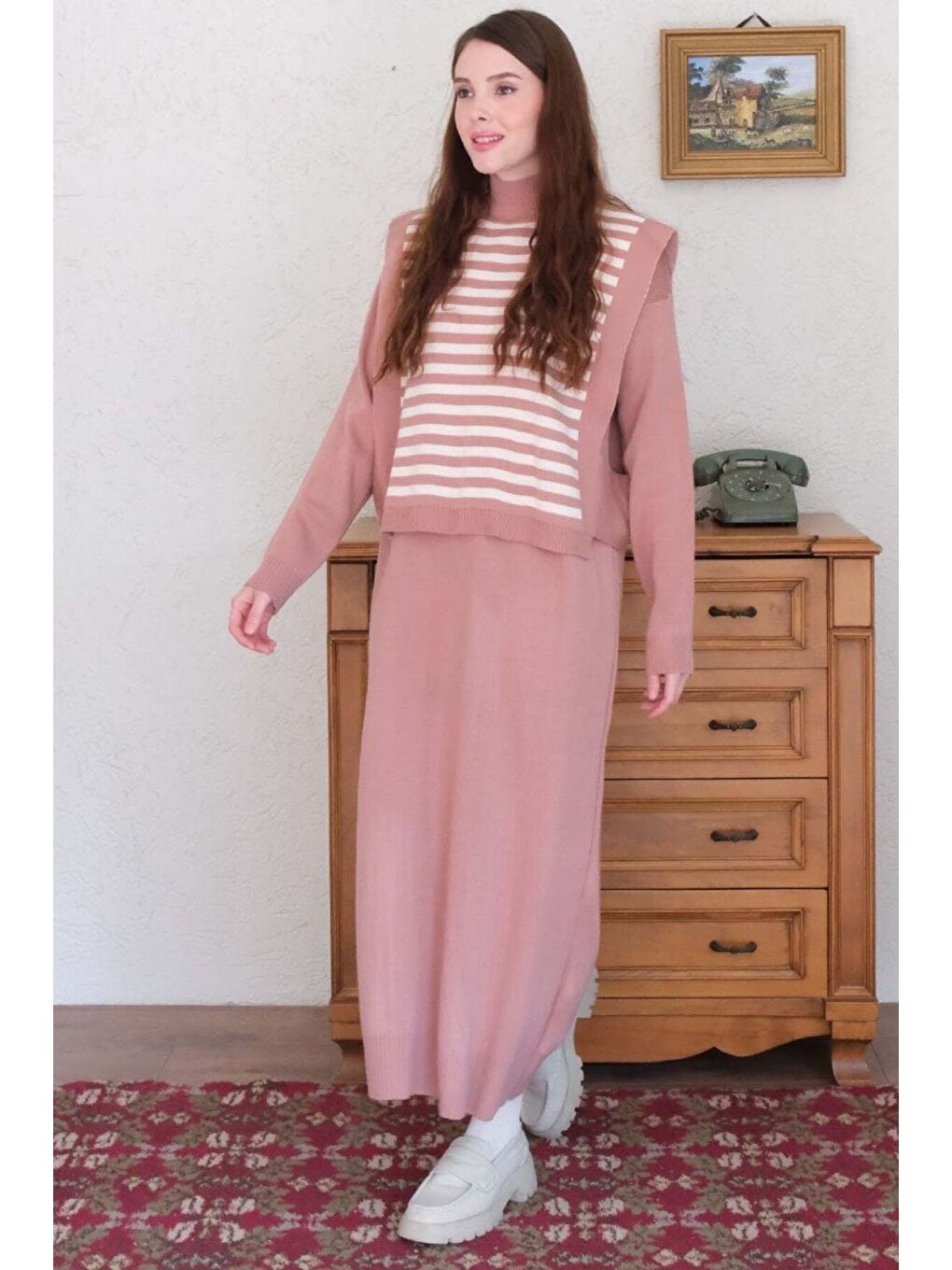 Pembe Beyaz Çizgili Gül Kurusu Süveter Triko Takım