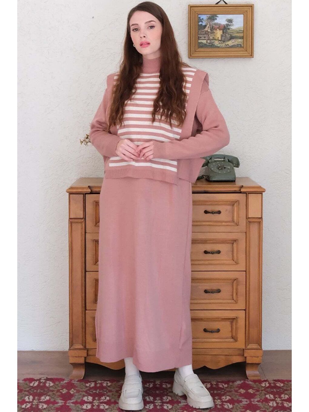 Pembe Beyaz Çizgili Gül Kurusu Süveter Triko Takım-1