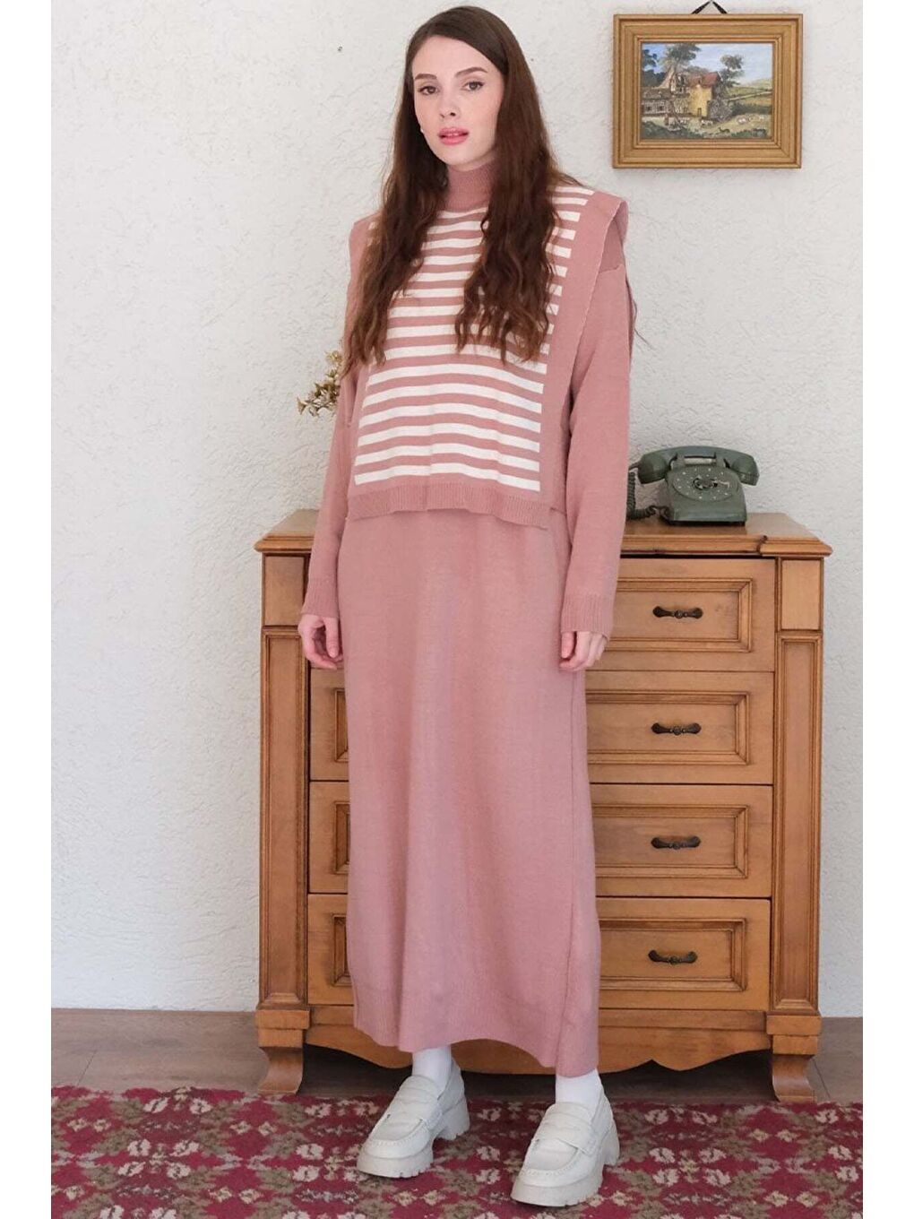 Pembe Beyaz Çizgili Gül Kurusu Süveter Triko Takım-2