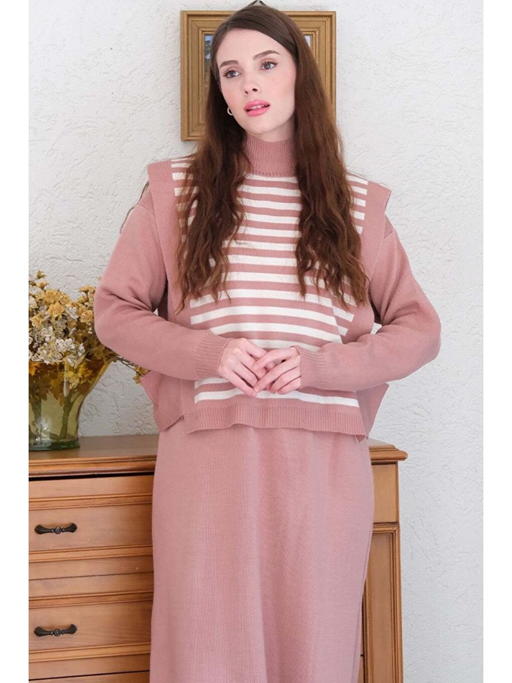 Pembe Beyaz Çizgili Gül Kurusu Süveter Triko Takım-4