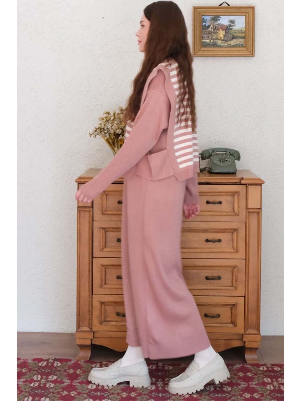 Pembe Beyaz Çizgili Gül Kurusu Süveter Triko Takım-5