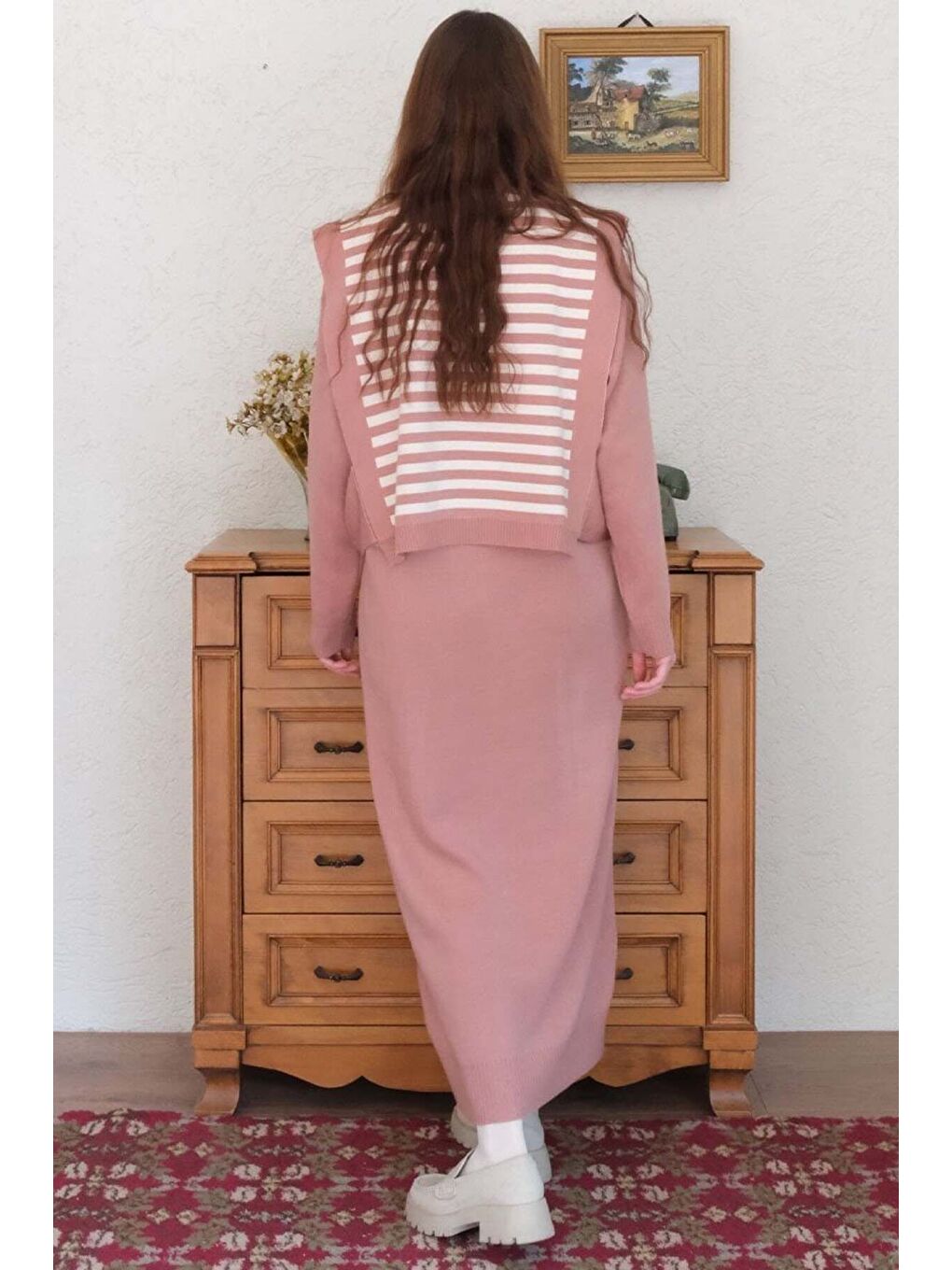 Pembe Beyaz Çizgili Gül Kurusu Süveter Triko Takım-6