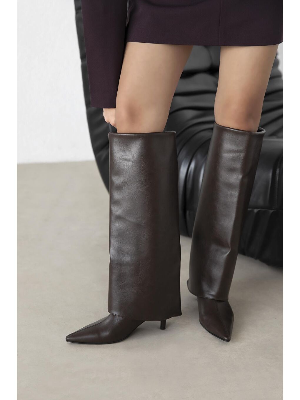 Kahverengi Zack Kadın Tozluk Detay Deri Çizme Kahve