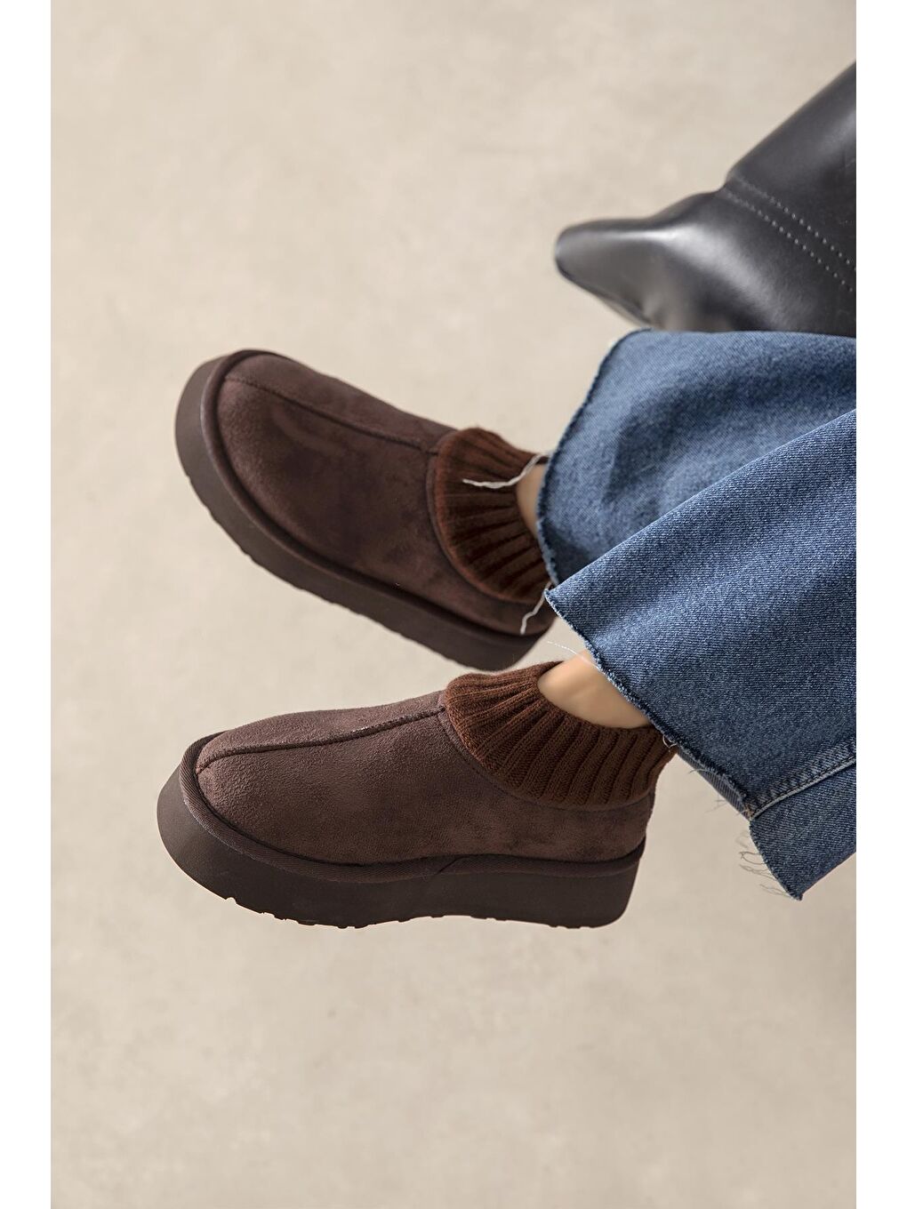 Kahverengi Yuki Kadın Triko Detay Ev Terliği Kahve