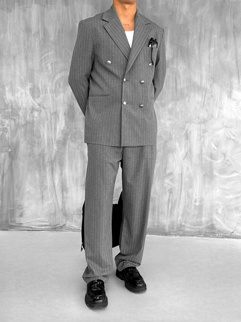 Erkek Çizgili Oversize Kruvaze Takım Elbise Gri-2