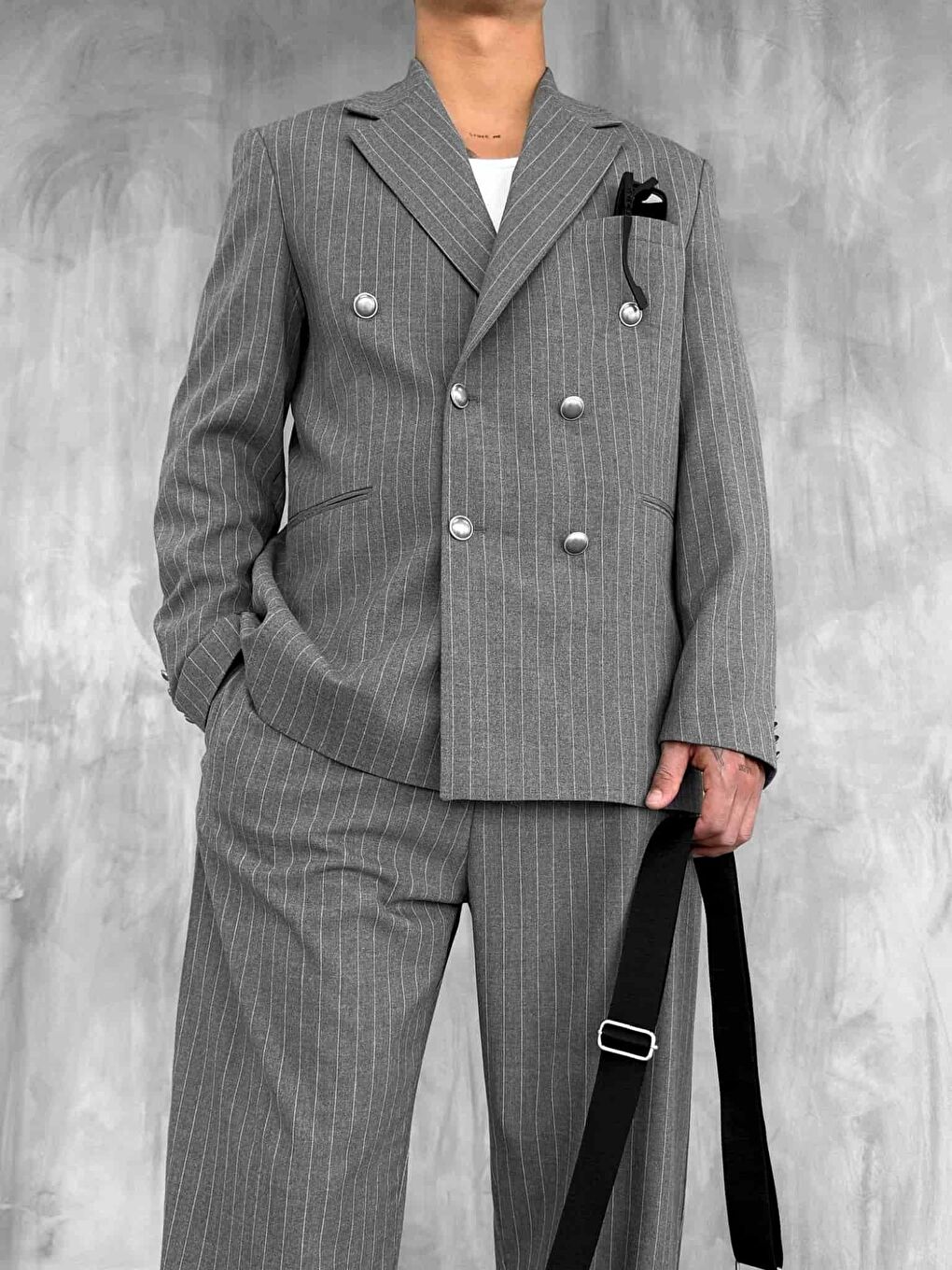 Erkek Çizgili Oversize Kruvaze Takım Elbise Gri-3