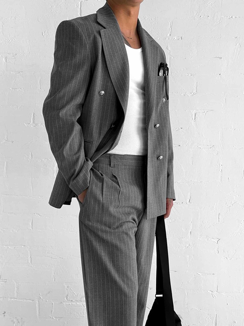 Erkek Çizgili Oversize Kruvaze Takım Elbise Gri-5