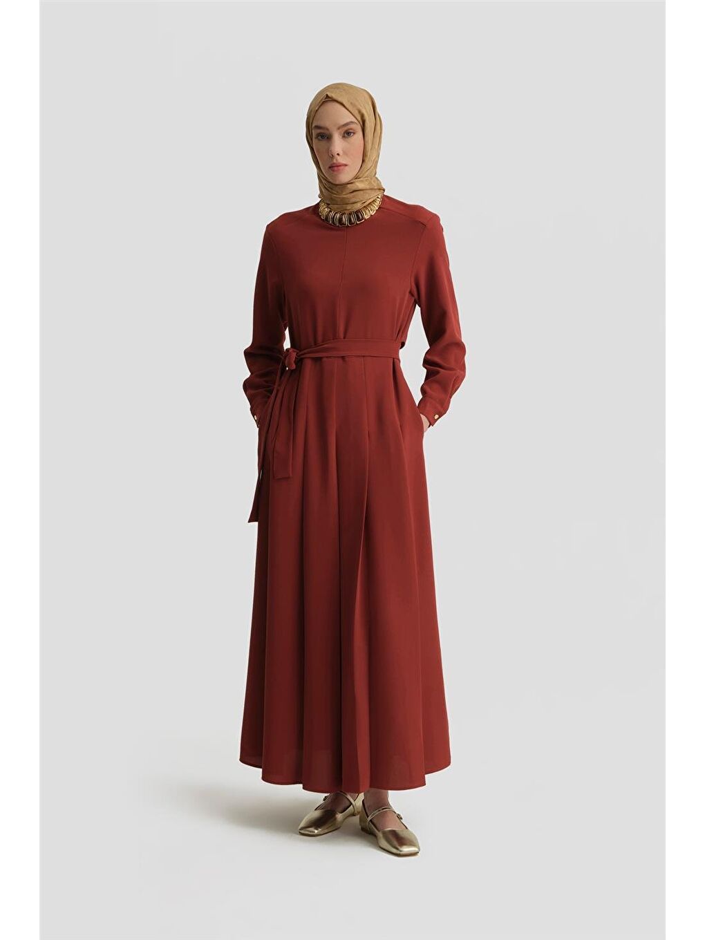 Pileli Elbise 25Y9018 Koyu Kırmızı