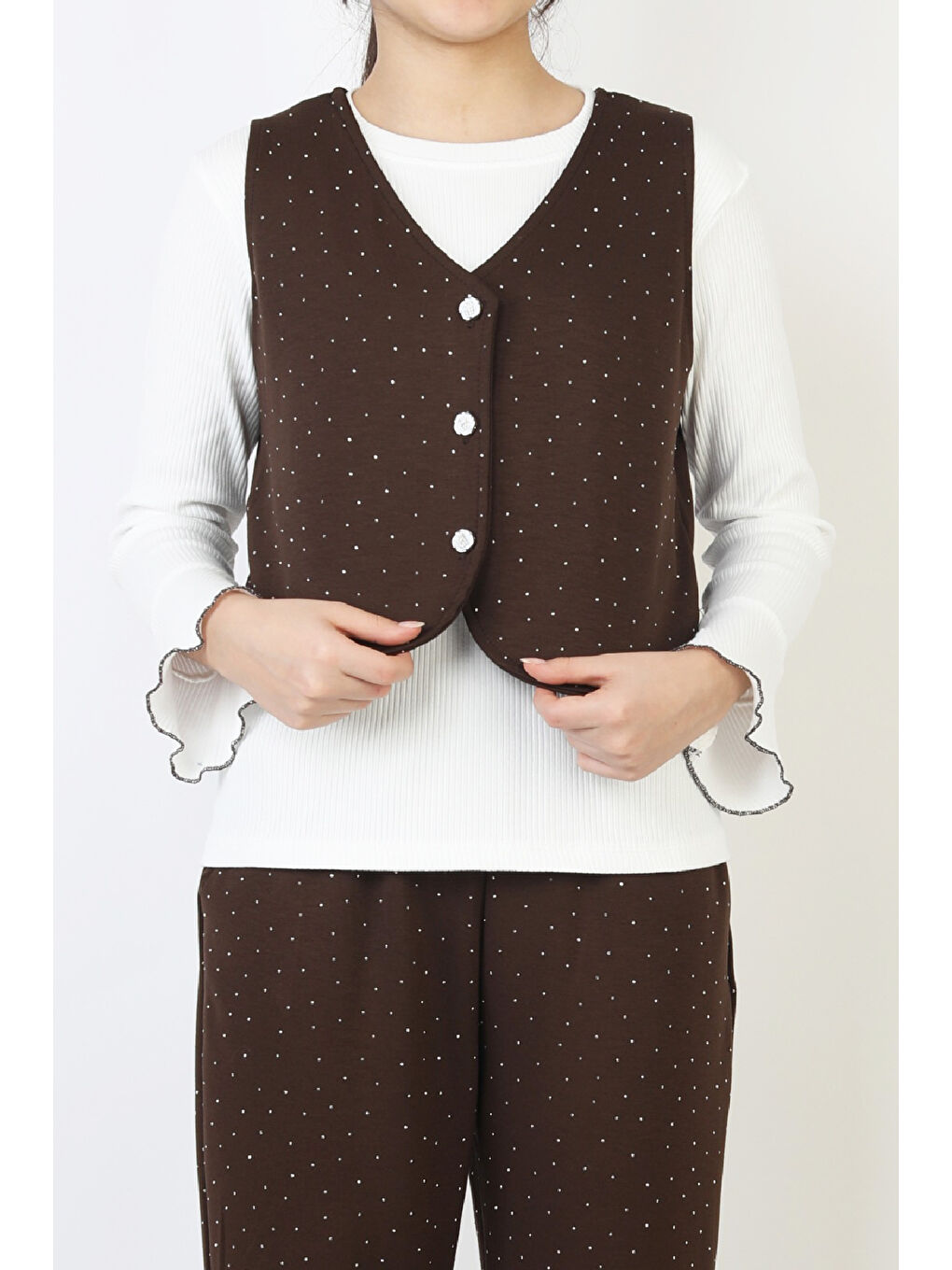 Kahverengi Kız Çocuk 3'lü Takım-Yelekli,Taş Süslemeli ve Geniş Paçalı 12515-1