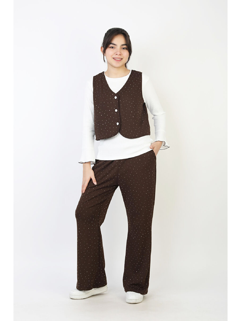 Kahverengi Kız Çocuk 3'lü Takım-Yelekli,Taş Süslemeli ve Geniş Paçalı 12515-2