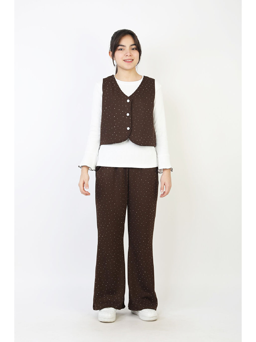 Kahverengi Kız Çocuk 3'lü Takım-Yelekli,Taş Süslemeli ve Geniş Paçalı 12515-3